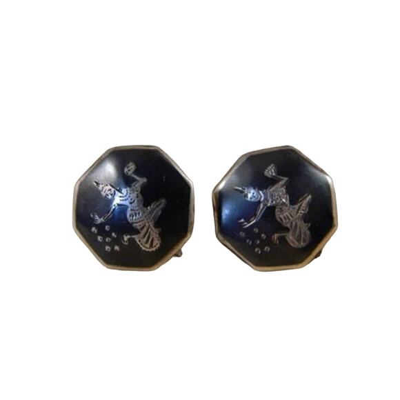 Vintage Siam Sterling Silver Screw Back Earrings Thailand Niello Dancer Earrings - Picture 1 of 7